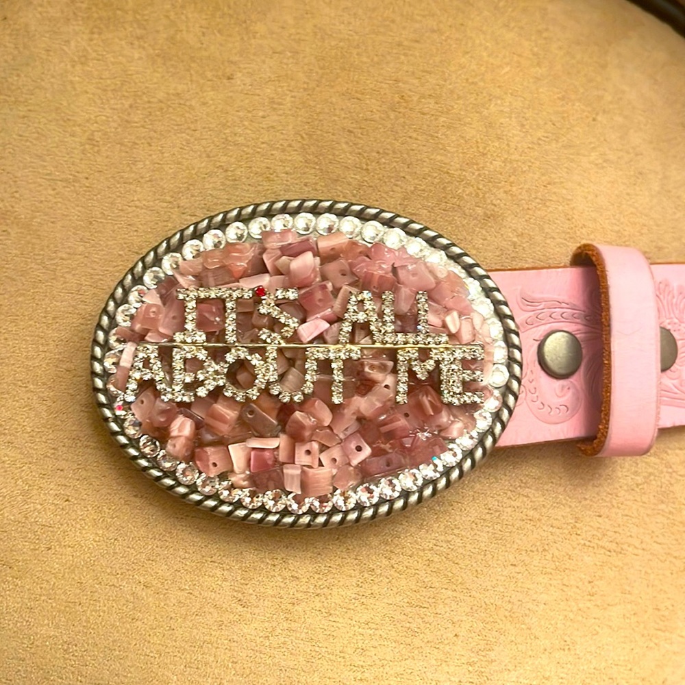 “It’s all about me” crystal and stone artist signed leather belt